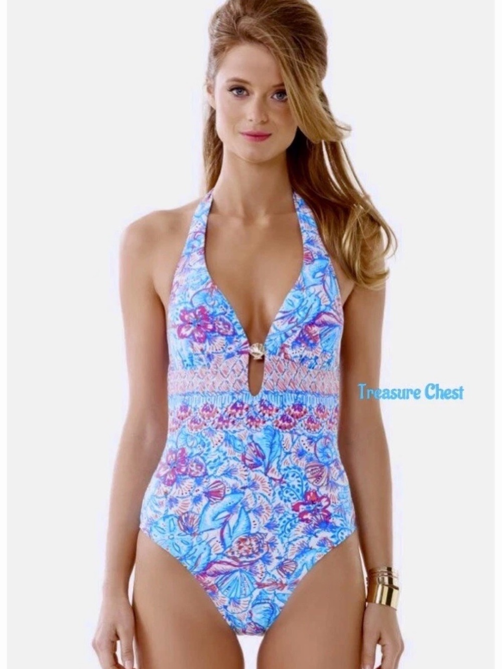 Lilly Pulitzer Blue Floral Halter One-Piece Swimsuit with Pink Accents